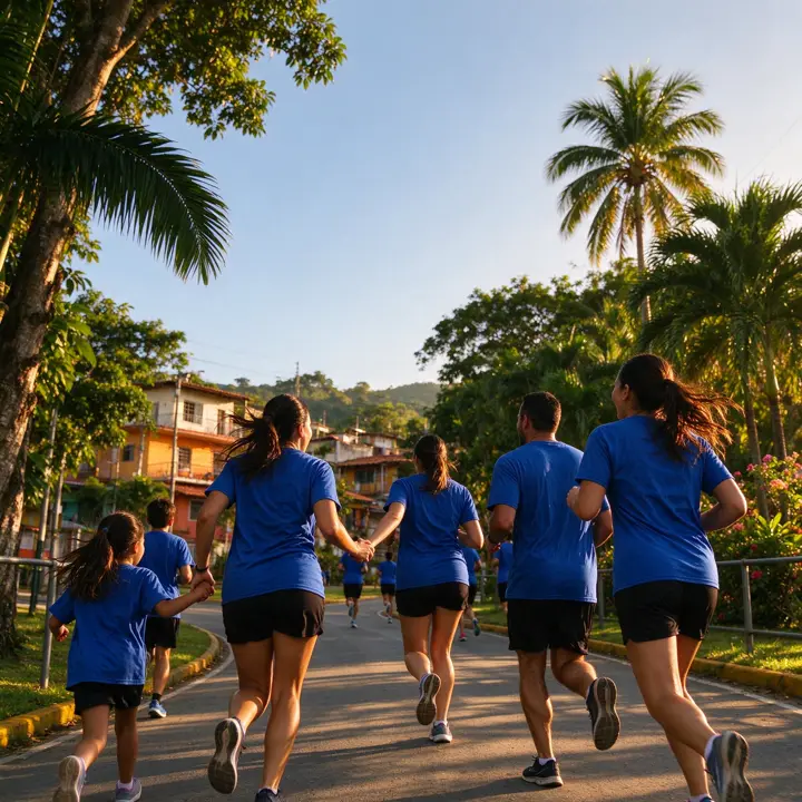 Familia y amigos corriendo juntos con franelas azules
